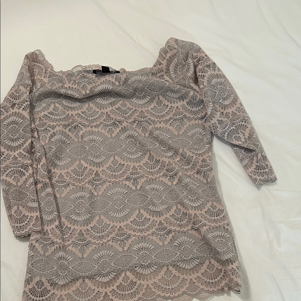 Boston Proper Lace Trim Top in Soft Gray